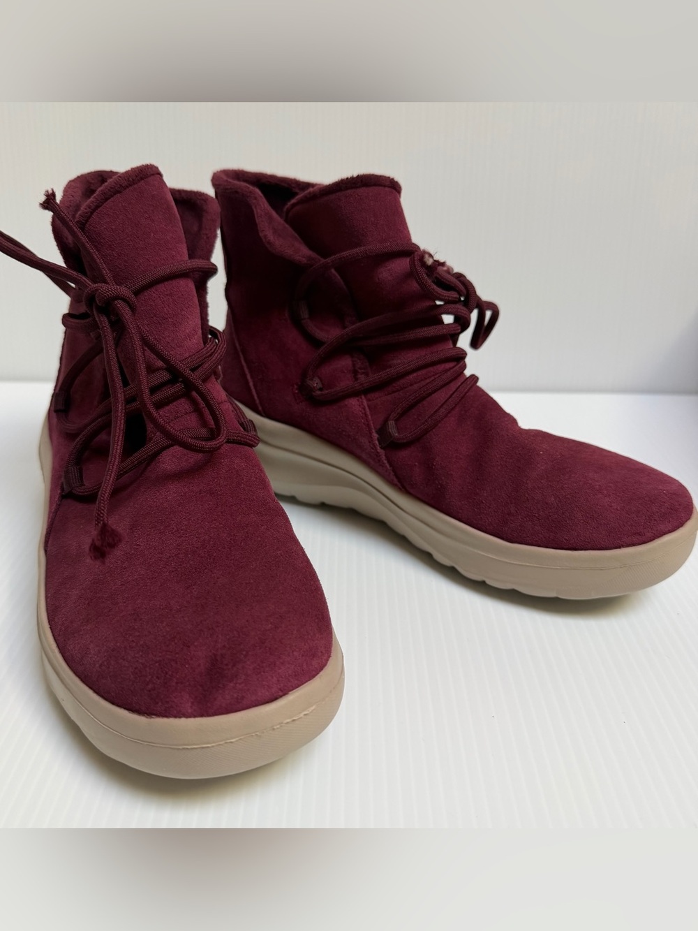 Skechers Burgundy Suede Lace-Up Pull On Ankle Boots - lightweight